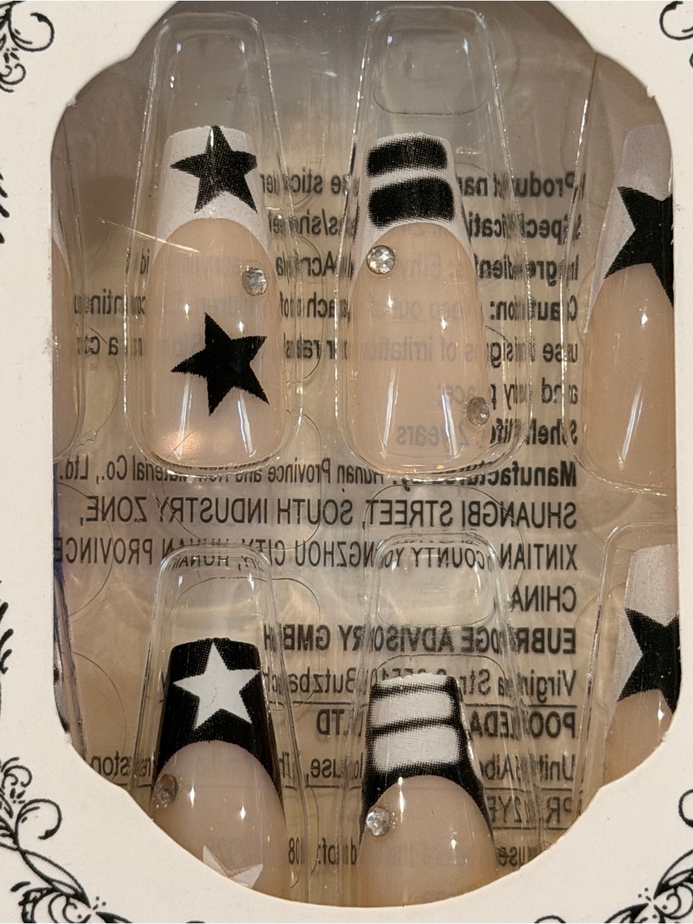Black White Star Stripe Press On Nails Y2K Rockstar Glam